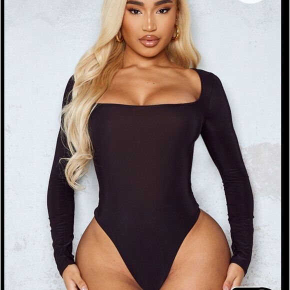 Pretty Little Things Shape Black Slinky Extreme Scoop Neck LongSleeve Bodysuit 8 - Picture 1 of 8